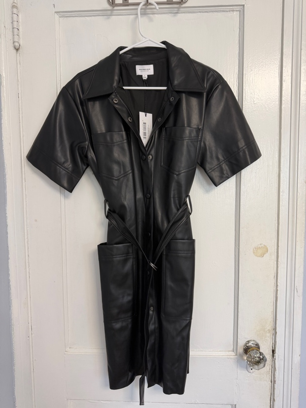 Who What Wear Black Vegan Leather Short-Sleeve Shirt Dress